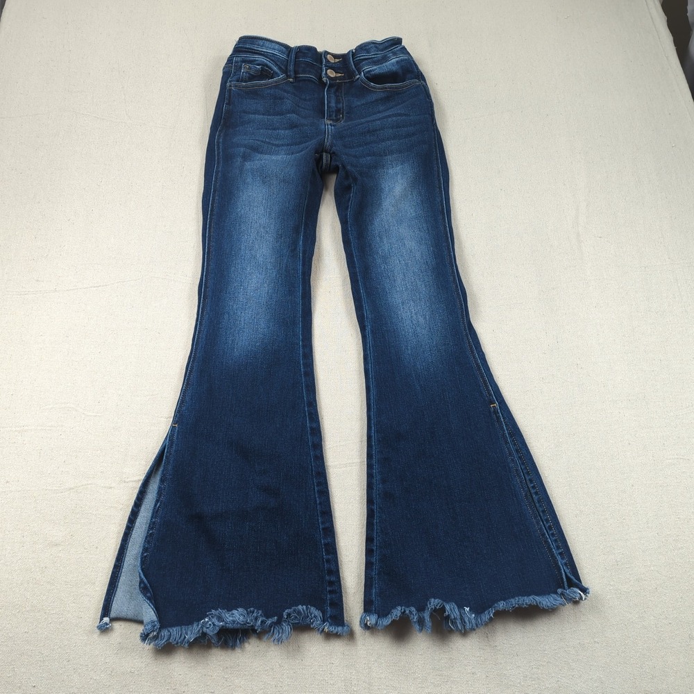 Kancan Jeans Womens 25 Blue Signature High Rise Split Flare Stretch Frayed
